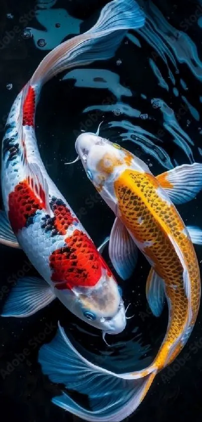 Colorful koi fish in black water design.