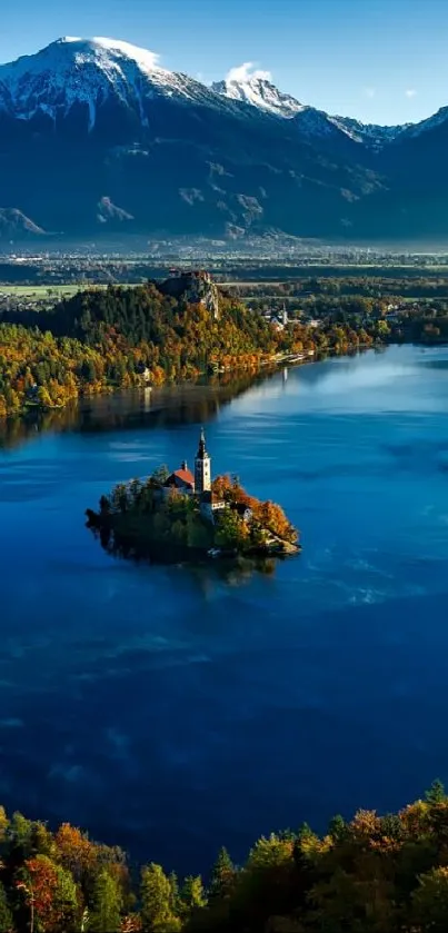 Autumn lake with mountains and vibrant colors.