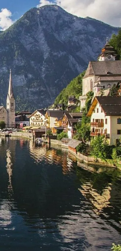 Picturesque town by mountain lake with scenic view.