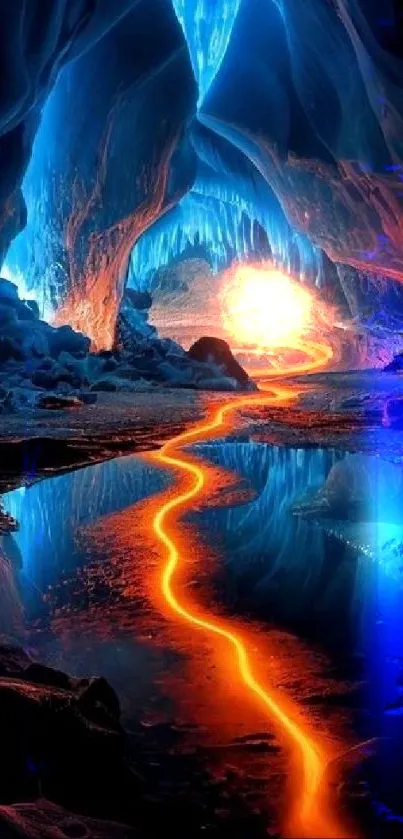 Surreal cavern with glowing lava and icy blue formations.