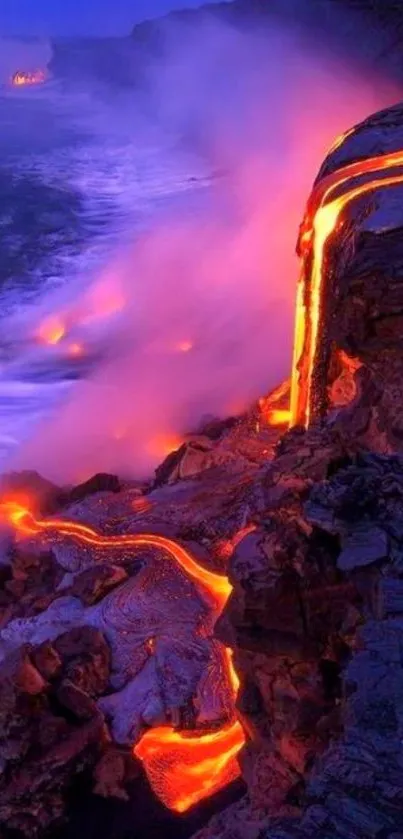 Vibrant lava flow meeting ocean waves at sunset.