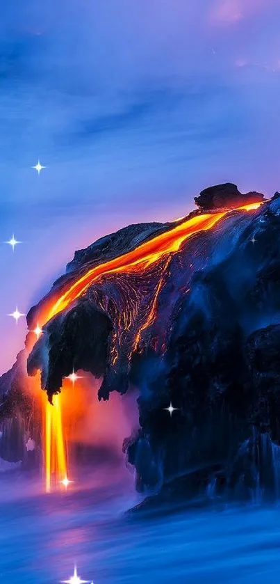 Glowing lava meeting the ocean in a stunning nature scene.