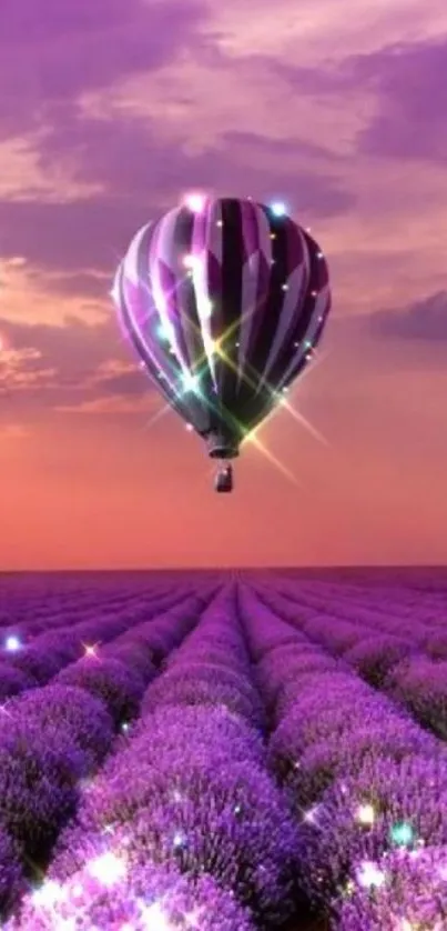 Hot air balloon over lavender field at sunset.