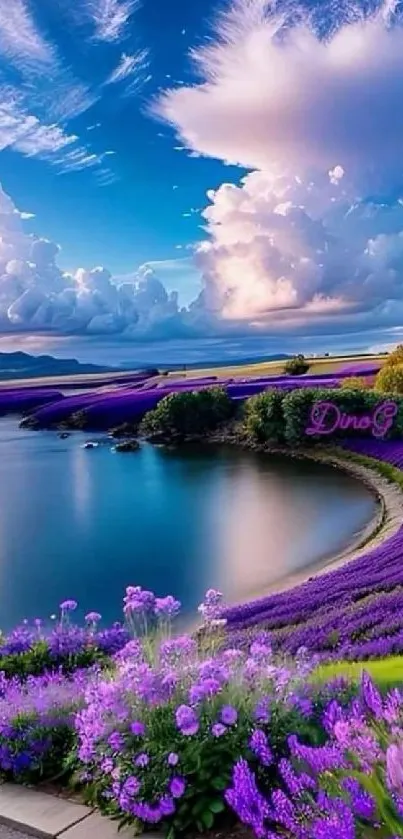 Majestic lavender fields beside a calm lake under a captivating sky.