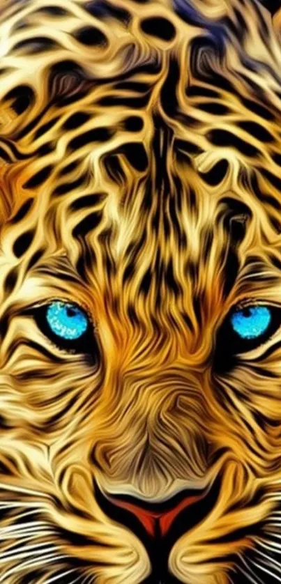 Digital illustration of a leopard with vibrant blue eyes.