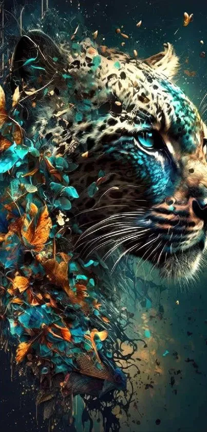 Artistic leopard face with vibrant leaves in teal and earthy tones.