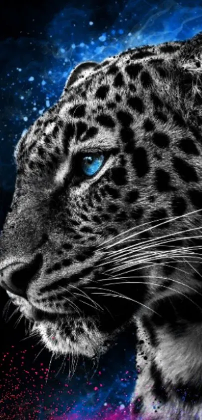 Leopard with blue hues in vibrant art design for phone wallpaper.