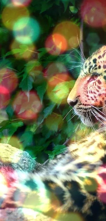Majestic leopard resting in a lush green forest setting.