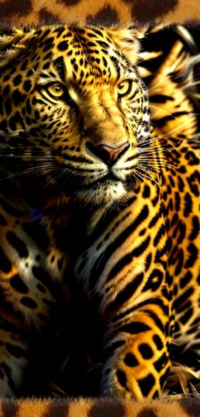 Closeup of a leopard's face with vibrant fur patterns on mobile wallpaper.