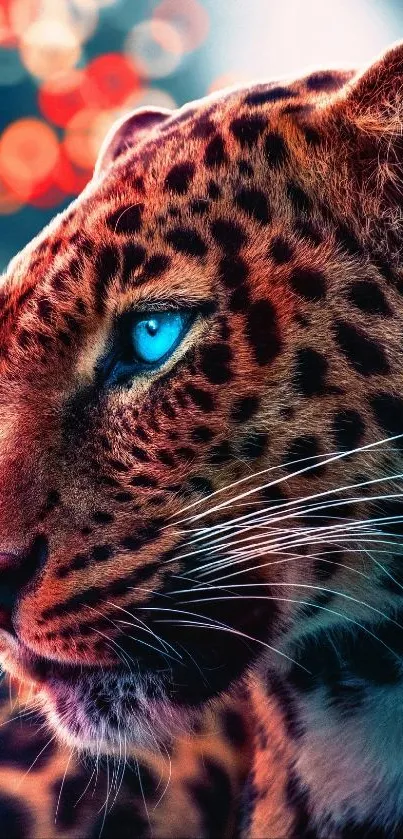 Leopard with vivid blue eyes against a vibrant background.