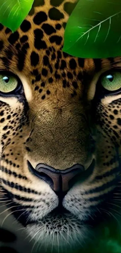 Leopard face with green eyes and jungle leaves mobile wallpaper.