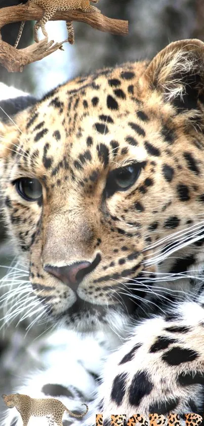 Close-up portrait of a leopard with striking spots and intense expression.