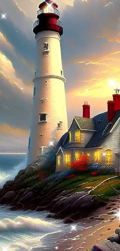 Lighthouse and seaside cottage at dusk with waves and colorful sky.