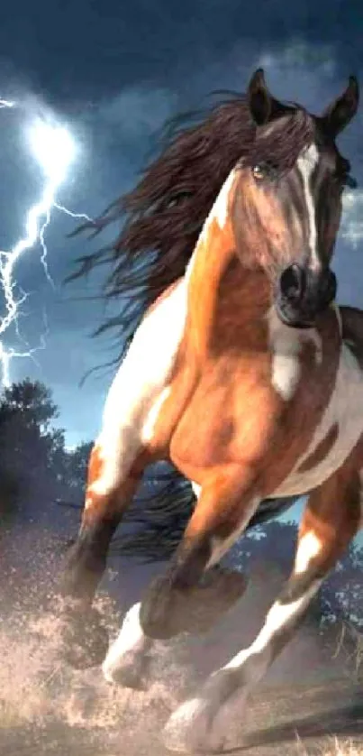 Dynamic wallpaper of a horse in a lightning storm, full of energy and movement.