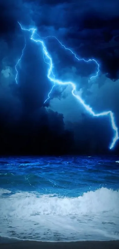 Lightning strikes over dark ocean waves at night.