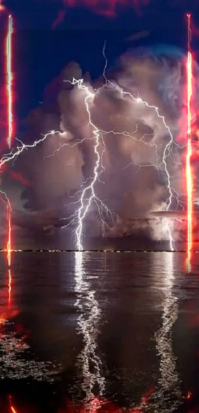 Dramatic lightning over water with storm clouds.