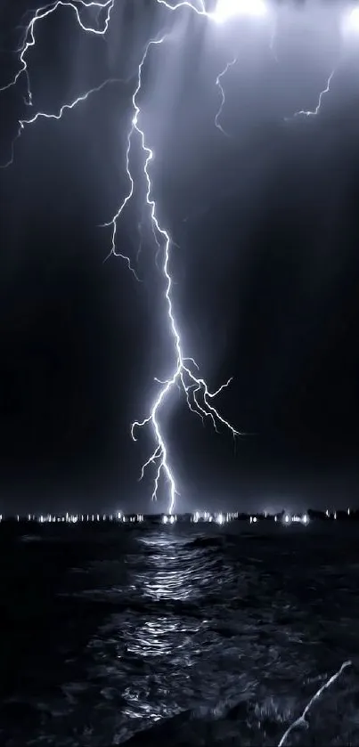 HD wallpaper with lightning over ocean at night, creating a dramatic scene.