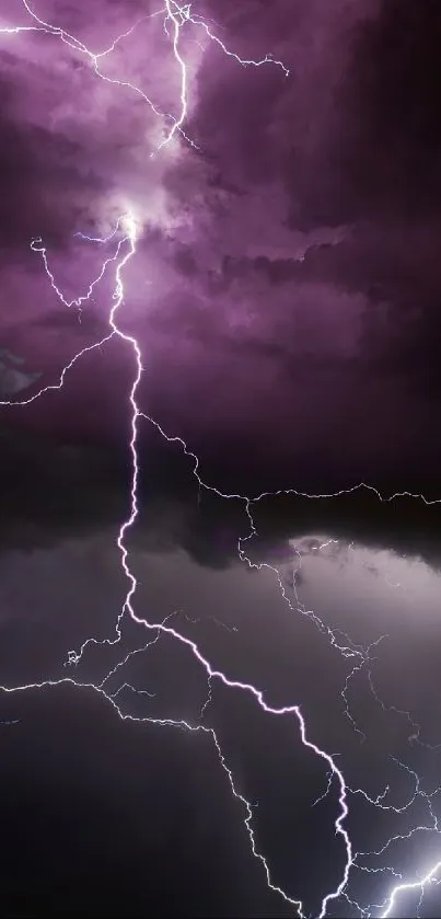 Purple lightning striking through cloudy night sky, creating a dramatic effect.