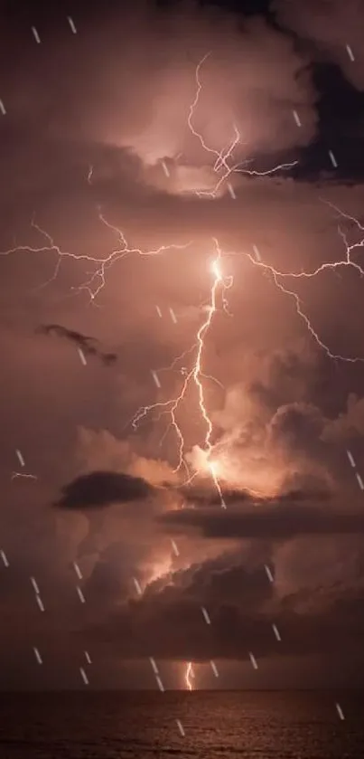 Lightning storm over ocean with dark clouds and striking sky.