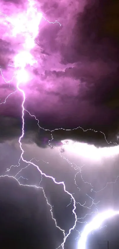 Vibrant lightning storm over a city skyline at night