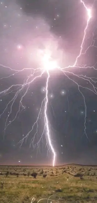 Dramatic lightning strikes across dark stormy sky.