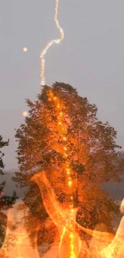 Tree struck by lightning with fiery glow in stunning mobile wallpaper.