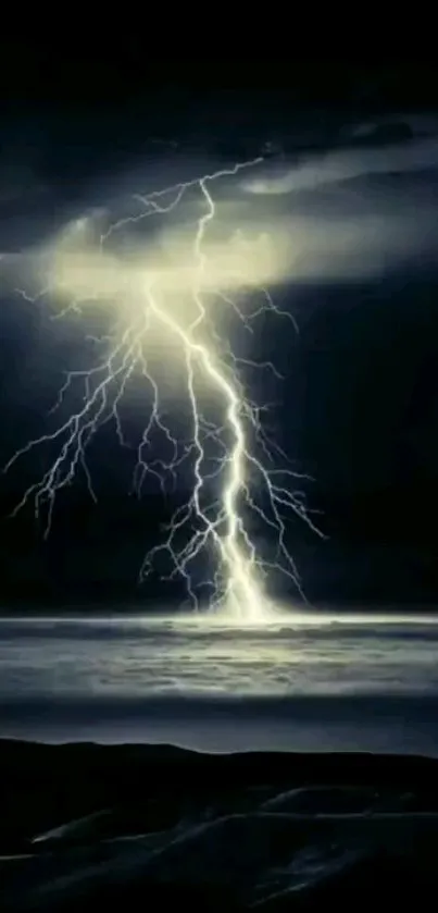 Dramatic lightning strike over dark ocean at night.