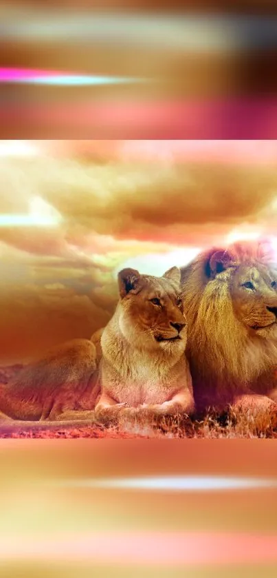 Majestic lion couple resting under a vibrant, colorful sky in nature.