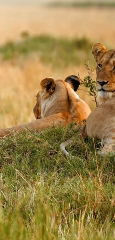 Two lionesses resting in the savannah, surrounded by golden grass.