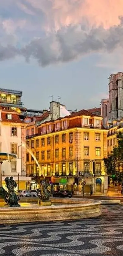 Scenic view of Lisbon's historic square with vibrant buildings at sunset.