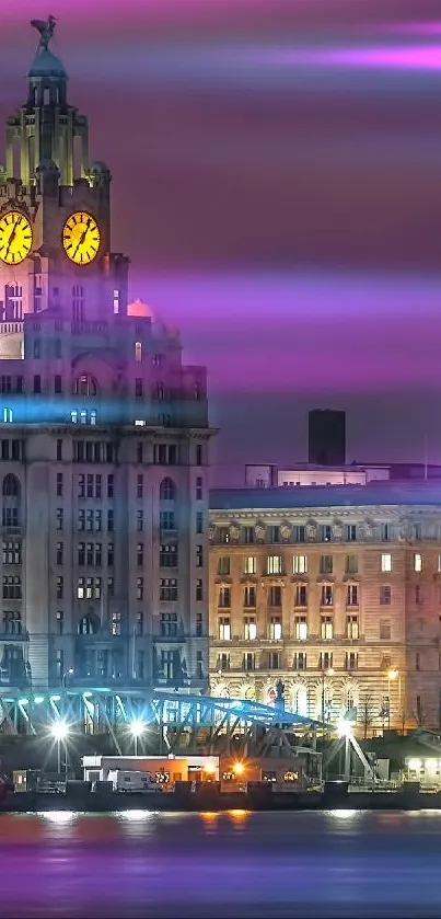 Liverpool cityscape at night with illuminated architecture and vibrant sky.