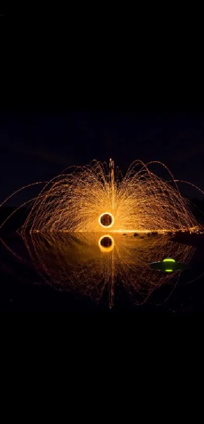 Mesmerizing long exposure light art reflecting on water at night.