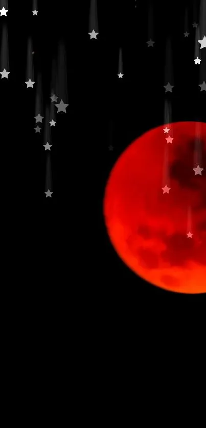 Vibrant blood moon with falling stars on a black sky background.