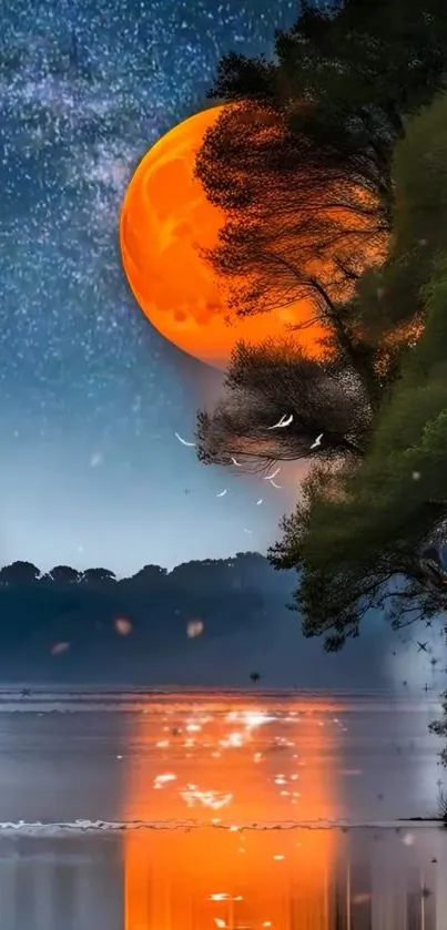 Orange moon reflecting on a tranquil lake at night.