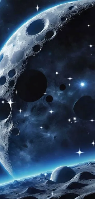 Lunar landscape with moon craters and starry sky.