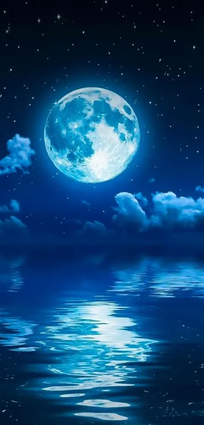 Full moon reflecting on water under a starry night sky.