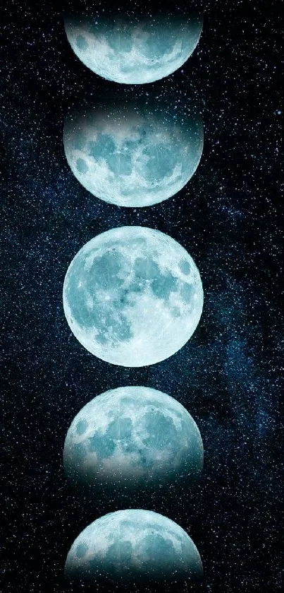 Lunar phases illustrated on a starry dark blue night sky wallpaper.