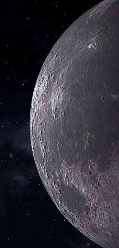 Detailed view of the moon's surface with craters and shadows.