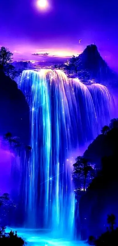 Purple waterfall with moonlit glow and tranquil night sky.