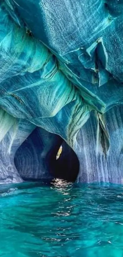 Marble cave with vibrant turquoise hues and intricate formations.