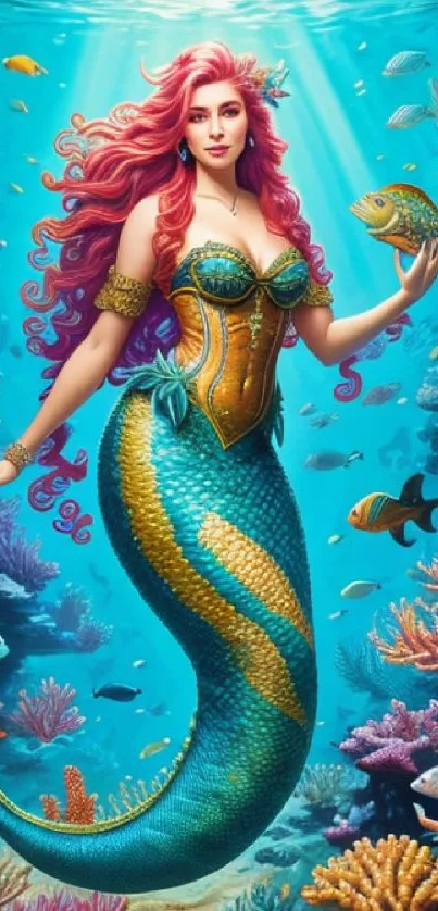 Vibrant mermaid-themed mobile wallpaper with colorful coral and sea life in the ocean.