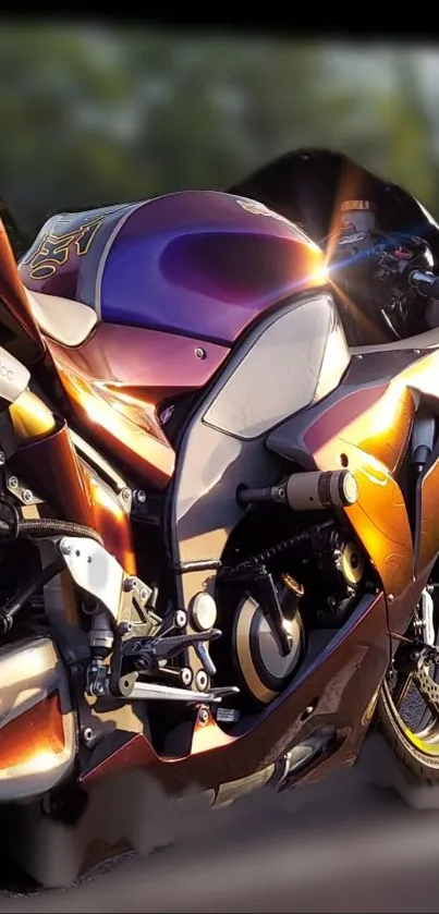 Stunning metallic sports bike with bright orange highlights against blurred background.