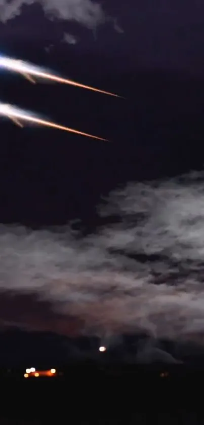 Meteor shower illuminating a dark night sky over a serene landscape.