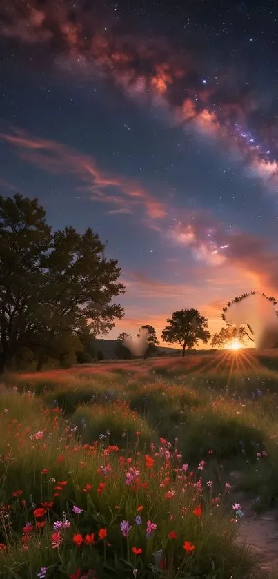 Starry sky and sunset over a colorful meadow landscape.