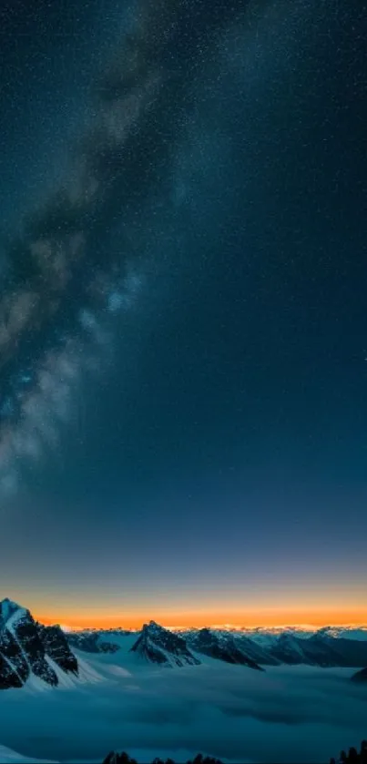 Milky Way over mountains with glowing horizon.