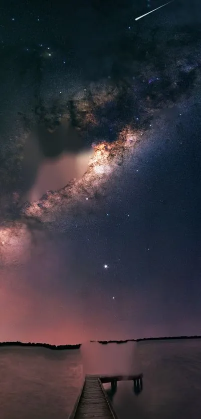 Milky Way over a dock with night sky and stars.