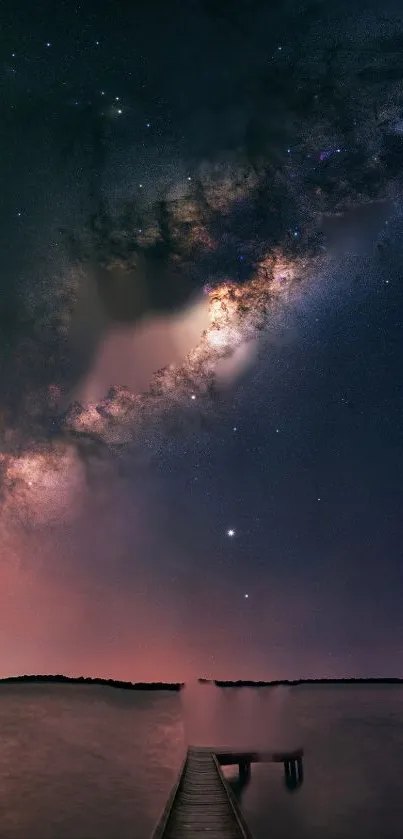 Milky Way galaxy over calm lake at night.