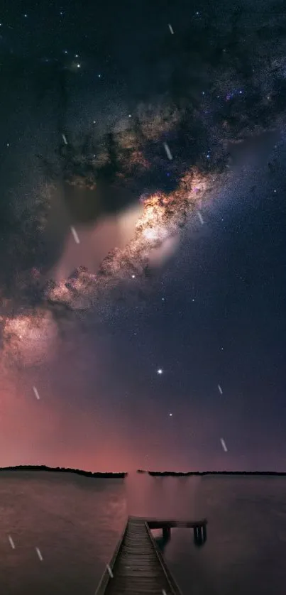 Milky Way galaxy over a serene lake and dock at night.