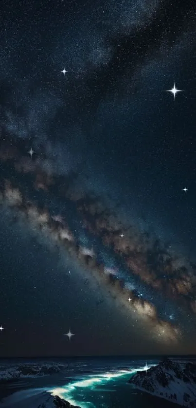 Milky Way galaxy illuminating a starry night over tranquil waters.