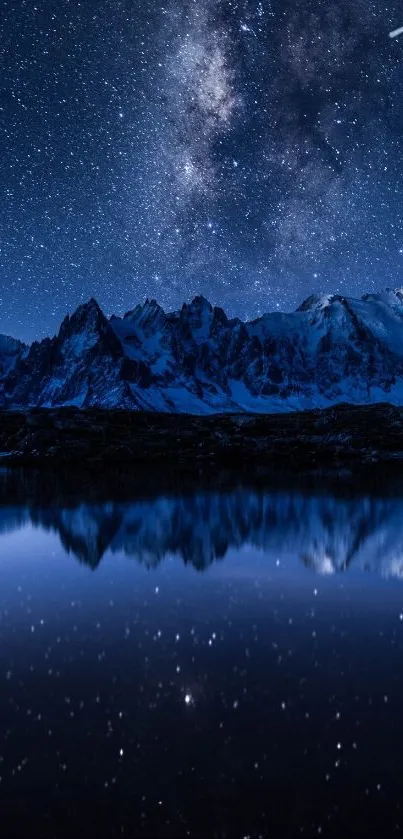 Starry night sky with Milky Way over mountain reflection.